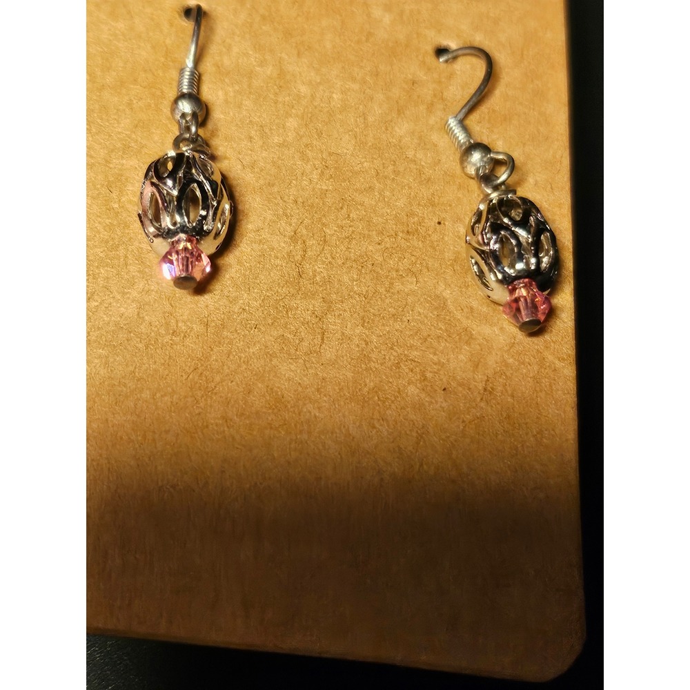 Silver Filigree Cage Drop Earrings with Pink Crystal Accents Boho Dangle Rose